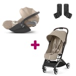 Cybex Pack Poussette Duo Orfeo Almond Beige + adaptateurs Coque Auto Cloud T i-Size Tissu Plus Cozy