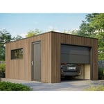 Garage Bois Composite silverstone - Bardage Couleur Teck / Teak - Surface : 20m2 - Porte Sectionnelle Motorisée - 2 télécommandes - Double Vitrage