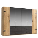 Armoire PORTLAND style industriel 300 cm 6 portes 4 miroirs chêne poutre graphite