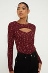 Ditsy Keyhole Fitted Crinkle Long Sleeve Top