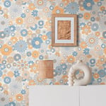 A.S. Création Retro 70's Daisy Floral Wallpaper Blue/Orange/Grey/Cream Beige Retro Chic 395352 8.50m x 0.53m Paste The Wall