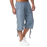 Sprifloral Mens Linen Shorts 3/4 Length Pants Summer Trousers Beach Yoga Joggers Casual Sweatpants Blue M