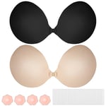 DINGBLUE 2 Pack Push Up Invisible Bra for Women, Reusable Backless Strapless Sticky Adhesive Bra, Stick On Bra and Nipple Covers for Evening Dress Backless Clothes (Cream+Black, F)