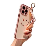 iPhone 13 promax Case 6.7 Inch with Strap, Hosgor Electroplated Heart Design with Armband Kickstand Luxury Black Gold Soft TPU Shockproof Smile Face Aesthetic Phone Case (Pink)