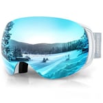 Findway Masque de Ski Magnetique, Lunettes de Ski Femme Homme OTG pour Snowboard et Ski Anti-buée, Anti-UV 400,Bleu Interchangeables Lentille Sphérique