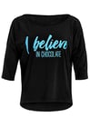 WINSHAPE Mcs001 T-Shirt pour Femme Ultra léger Modal Manches 3/4 avec imprimé « I Believe in Chocolate » à Paillettes, Femme, Maillot de Yoga, MCS001-SCHWARZ-BLAU-CHOCOLATE, Noir/Bleu Fluo, L