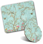 Mouse Mat & Coaster Set - Vintage Oriental Style Nightingale  #16318