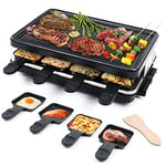 Raclette Grill 8 People Non-Stick Coating Electric Grill Machine with 8 Mini Raclette Pans and 4 Wooden Spatulas Electric Barbecue Grill Health Large Grill Machine Indoor