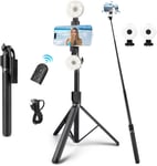 Trepied Smartphone 180 CM,Perche à Selfie Trépied avec 2 Lumière, Détachable 360° Rotation Perche Selfie Trépieds pour iPhone et Android, Pieds Haute Résistance et Support Tubulaire Extensible