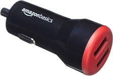 Amazon Basics 24W 2-Port USB-A Car Charger for Phones (iPhone 15/14/13/12/11/X, Samsung, and more), non-PPS, Black/Red