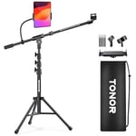 TONOR Microphone Stand with Tablet Holder, Tripod Boom Arm for Floor, Adjustable Height and Angle, Heavy Duty Stand with Carrying Bag, Phone and iPad Clamp, Compatible with Blue Yeti, SM58, T35