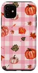 Coque pour iPhone 11 Rose Vintage Carreaux Feuilles Automne Citrouille Épices Récolte