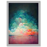 Beach Sunset In Bubble Clouds Dreamy Surreal Abstract Artwork Framed Wall Art Print A4