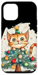 iPhone 15 Funny Festive Cat with Christmas Tree and Decoration Case