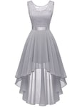 Berylove Vintage Robe de Cocktail Pin Up High Low en Dentelle Mousseline pour Mariage Soirée Bal Jupe Asymétrique sans Manche avec Ceinture 35 Grey XL