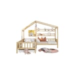 Lit cabane pour enfant avec tiroirs et étagères, bois massif avec clôture et sommier à lattes, structure en l, naturel (90x200 cm+140x70cm)