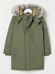 FatFace Boys Easdale Parka Coat - Khaki Green, Khaki, Size Age: 11-12 Years