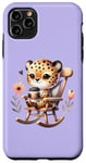 Coque pour iPhone 11 Pro Max Mignon guépard buvant du café dans une chaise à bascule sur violet