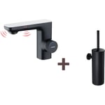 Mitigeur Lavabo Capteur Infrarouge Intelligent Automatique,Noir Laiton Eau+Brosse Toilettes wc Suspendu avec Support de Brosse, Acier INOX,Noir