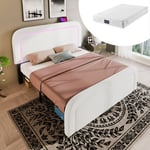 Lit double rembourré 160 x 200 cm avec fonction de chargement usb Type c, éclairage led, sommier à lattes en bois, blanc, matelas inclus