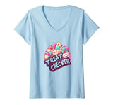 Womens Treat Checker Funny Candy Food Munchies Halloween Snack Fun V-Neck T-Shirt