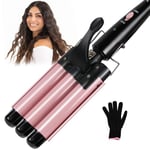 janelove 3 Barrel Hair Waver 25mm Beach Wave Hair Curler with 2 Temperature Adjustments, Ceramic Curling Iron with Heat-Resistant Glove for Long Medium Short Hair