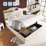 Hommoo - Lit coffre Lit rembourré double 160 x 200 cm avec fonction de chargement usb Type c, sommier à lattes en métal, beige clair, sans matelas