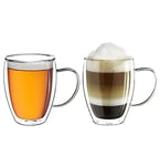 Creano Double Walled Coffee Glasses with Handle 250ml - Insulated Cappuccino Cups - Latte Macchiato, Tea - Handmade Heat Resistant Mugs - 2 pcs (Pack of 1)