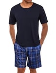 Uniexcosm Pyjama Homme Court Coton Ensemble Pyjama Homme Short Col Rond Manches Courtes Pyjama Haut et Bas Homme Ete avec Poches Latérales A-Bleu Marin XL