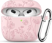 Fleurs Gravure Étui pour Coque Airpods 3e Génération,Souple Silicone Antichoc Protectrice Housse Compatible avec Apple Airpods 3 Case Cover 2021,avec Mousqueton [LED Visible à l'avant],Rose