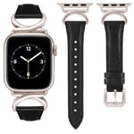 TOYOUTHS Leather Strap Compatible with Apple Watch Straps 41mm 40mm 42mm 38mm Women Slim Thin Dressy Designer Strap with C-Shaped Metal Buckle for iWatch 10/9/8/7/6/5/4/3/2/1/SE, Black/Starlight