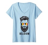 Womens Belgian Man Face Belgium Pride Patriotic Men Belgium Flag V-Neck T-Shirt