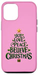 iPhone 12/12 Pro Cute Green JOY LOVE PEACE BELIEVE CHRISTMAS Tree Girls Pink Case