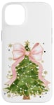 Coque pour iPhone 14 Plus Coquette rose avec nœud en ruban et sapin de Noël vert pour fille