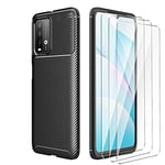 LYZX Coque pour Xiaomi Poco M3 5G+ 3 Morceaux de Protecteur d'écran en Verre trempé, étui de téléphone TPU Ultra-Mince et Durable,Gaine de Protection en Fibre de Carbone,Noir