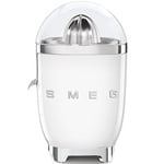 Smeg, Presse Agrumes Électrique CJF11WHEU, Mise en Marche Automatique à Pression, Bec Anti-goutte et Cône Universel, Base Antidérapante, Range Cordon Intégré, 70W, Blanc