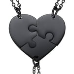 U7 BFF Necklace, Heart Shape Jigsaw Pendant & Rolo Chain, 3 Piece Blank Puzzle Pendants, Make Up A Heart, 3 Pieces Suit Necklace, Black Plated Stainless Steel Gift Jewellery Necklace