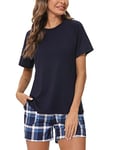 Uniexcosm Pyjama Femme Coton Court Ensembles de Femme Ete Carreaux Col Rond Manches Courtes Pyjama pour Femme Short avec Poches Latérales Bleu Marin M