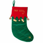 Pet Cat Christmas Stocking Nice Kitty Green Red Fabric Jingle Bells Fish Detail