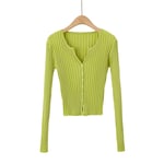 HKVML Spring style simple long-sleeved button small V-neck retro thin core-spun knitted cardigan sweater women, Green