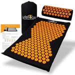 LyfeFocus Acupressure Mat & Pillow Set with Travel Bag - Cushioned Spike Acupuncture Massage Mat for Back, Neck & Shoulder Pain Relief - Easing Muscle Tension & Stress (Black & Orange)