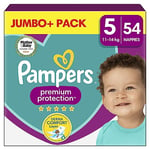 Pampers Premium Protection Size 5, 54 Nappies, 11kg - 16kg, Jumbo+ Pack, Pampers Comfort & Protection for Sensitive Skin