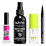 NYX Professional Makeup Icons Set (Matte Setting Spray, The Brow Glue Clear, Epic Ink Liner Black & Fat Oil My Main)