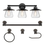 Globe Electric 51496 Nate 5-Piece All-in-One Bathroom Set, Oil Rubbed Bronze, 3 Vanity Light with Clear Glass Shades, Bar, Towel Ring, Robe Hook, Toilet Paper Holder, Brown