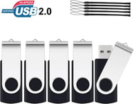 32GB Memory Stick 5 Pack, Flash Drive USB 2.0 Swivel Thumb Drives Data Storage Jump Drive Zip Drive Memory Sticks External Devices with LED Indicator(5 Black Color with Lanyard)