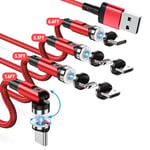 SUNTAIHO Câble USB Magnétique 3 en 1 Aimanté Câble de Charge Magnétique en Nylon Rotatif à 360° + 180° Chargeur Câble USB C Magnétiques [4PCS, 0.5M/1M/1M/2M] pour Micro USB, Type C (Rouge)