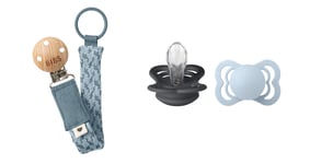 BIBS - Pacifier Supreme 2 PACK - Iron/Baby Blue - Size 1 + Pacifier Clip Braided - Petrol/Baby Blue - Onesize (Bundle)