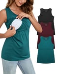 Sosolism 3 Pieces Maternity Pajama Tank Tops Nursing Cami for Breastfeeding, Black/Red/Green, S