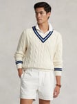 Polo Ralph Lauren V-Neck Cricket Sweater, Cream W/Navy Stripe