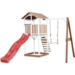 AXI Beach Tower Aire de Jeux avec Toboggan en rouge, Balançoire & Bac à Sable Grande Maison enfant extérieur en marron & blanc Cabane de Jeu en Bois